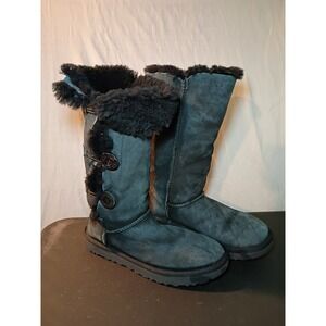 UGG Bailey Sheepskin Fur Leather Boots Women Sz 10 Black Triple Button Tall